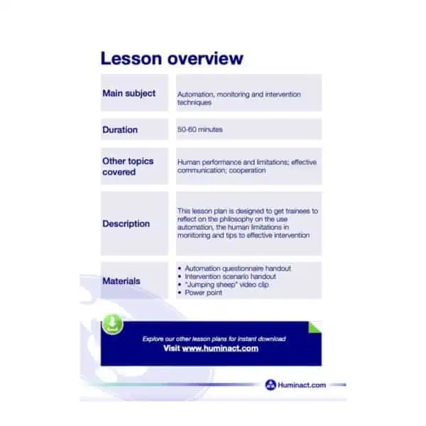 Lesson overview of “Automation, Monitoring and Intervention” including duration, description, materials, and CRM training focus.